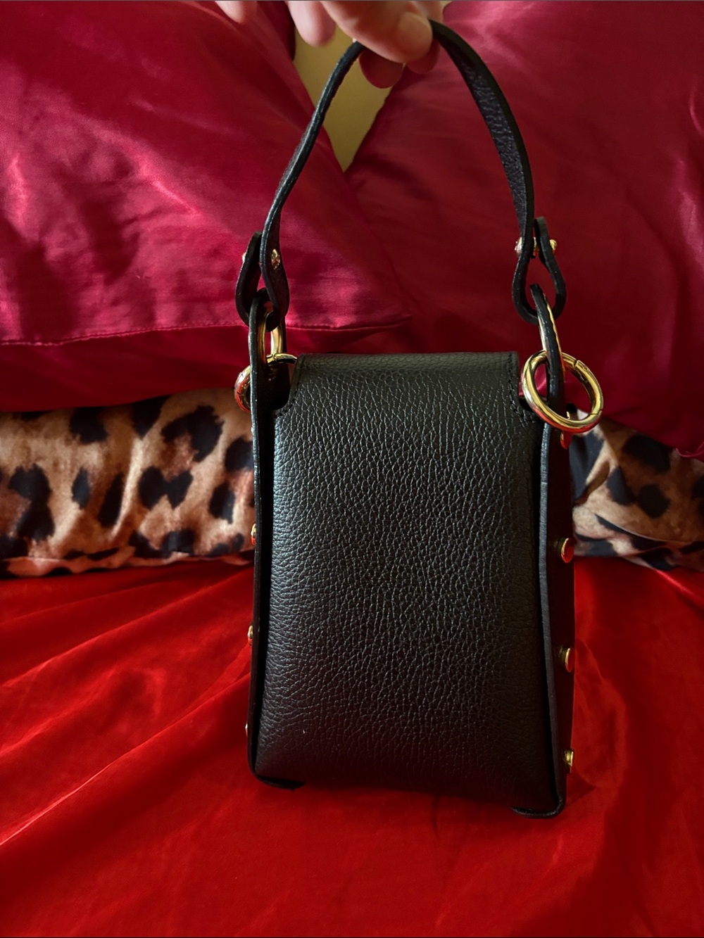 Authentic Italian Black Leather Crossbody Bag with Gold Bee Accent - Picture 5 of 7
